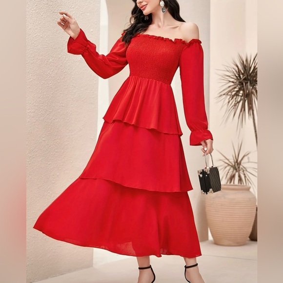 Dresses & Skirts - Red Off-Shoulder Tiered Maxi Dress – NWOT – Size L